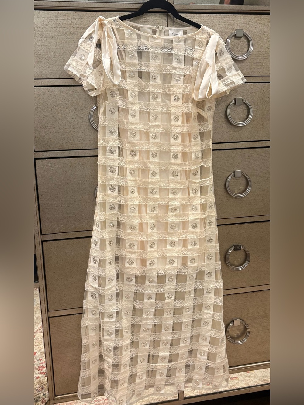 Elevator Disco Cream Lace Overlay Dress with Ribbon Shoulder Ties Size Small New